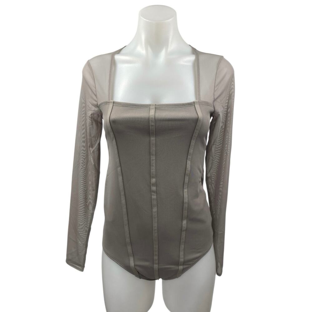 NEW Abercrombie & Fitch Tan Mesh Long Sleeve Square Neck Corset Bodysuit Top M